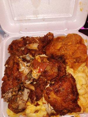 Fried chicken, sweet potatoes, with Mac & cheese.