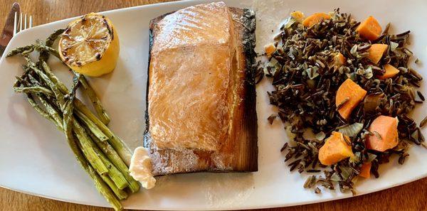 MAPLE GLAZED CEDAR PLANK SALMON maple butter glaze | wild rice| seasonal vegetables 26