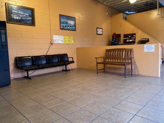 Waiting area. Two benches. Individual seats on the left and behind the wall not pictures but are there.