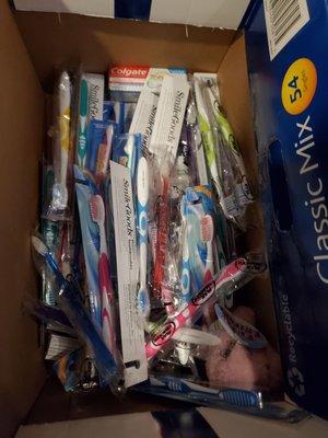 Disposable toothbrushes and toothpaste donated to our local shelter for women and children in Burien!