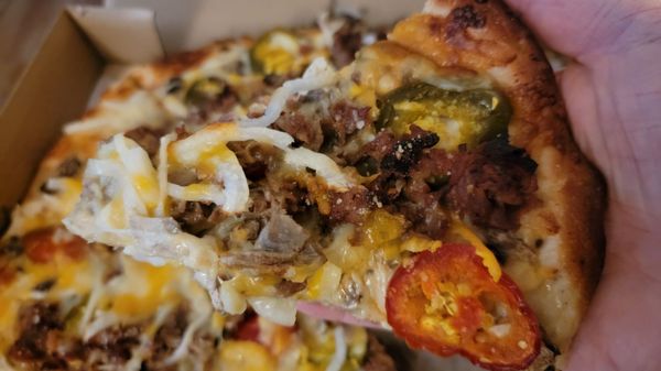 Small (12", 8 slice) Steak & 3 Cheese Pizza w/hot peppers: Dough cooked perfectly and TONS of toppings on each slice!