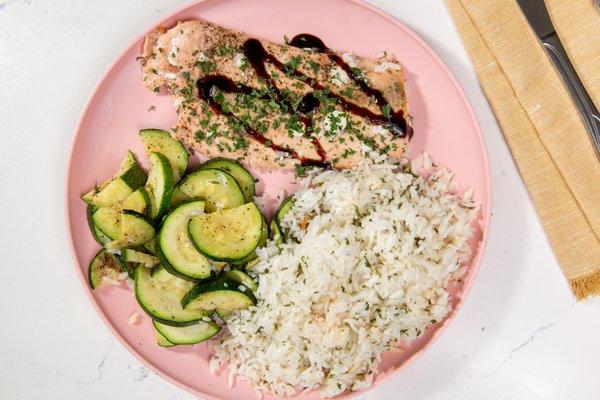 Salmon, jasmine rice, and zucchini