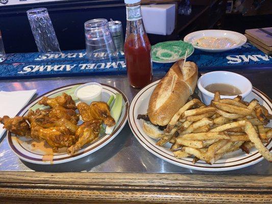 Wings (Buffalo mild) + French dip roast beef sandwich