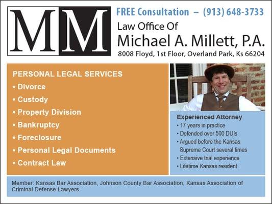 Call Millet Law 913-648-3733 for legal help with Kansas divorce, bankruptcy, foreclosure, personal legal docs and contracts.