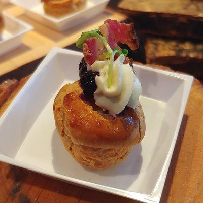 From Maine Restaurant Week's Incredible Breakfast Cook-Off 2019: savory breakfast balsamic cream puff with gruyere and smoked bacon.