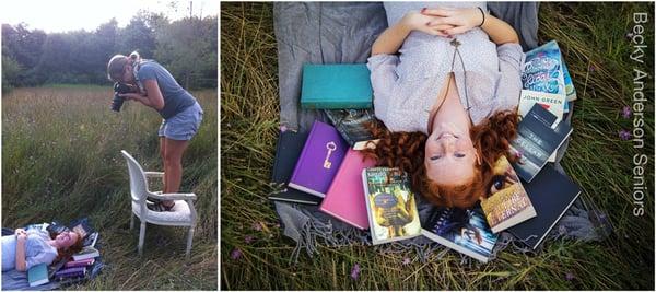 Senior girl surrounded by book and a behind the scenes shot.