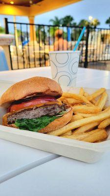 Paradise Burger and Fries ($15) and a Pina Colada Smoothie ($7)