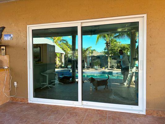 LowE Glass for a Sliding Glass Door.

Benefits of Low-E Glass:
 Hard Coat for cooler resilience or Soft Coat for optimal insulation.