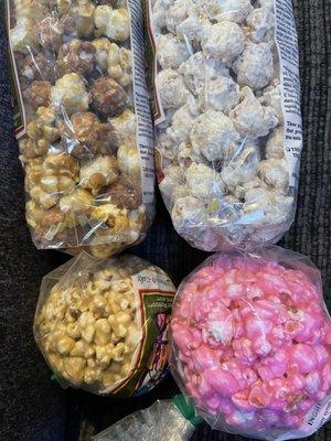 Milk chocolate caramel, White chocolate caramel, Caramel popcorn ball , cotton candy popcorn ball