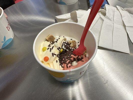 White Chocolate Mousse, Cake Batter, and Red Velvet with toppings