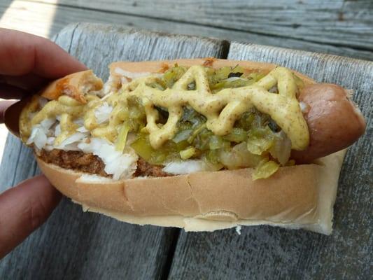 A Martin Rosol's nat. casing dog w/ must., onion, chili and 1/2 with homemade relish.  Delicious.  www.facebook.com/TheDawgTour