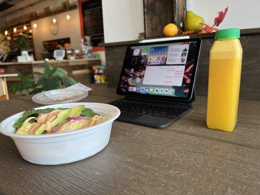 Vegan breakfast bowl and Main Squeeze drink.