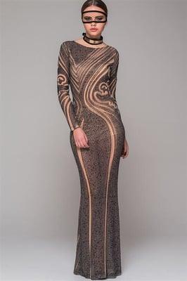 Bead Evening Dress  Nude with  black beads all over front and back  Beautiful! Size S to Xl