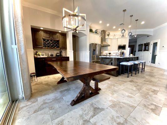 Oregon Black Walnut Live Edge Dining Table and matching Custom Bench. Isn't this an absolutely stunning kitchen!?