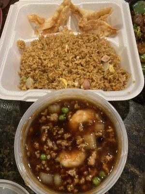 Lunch special - fried rice, shrimp with lobster sauce, and crab rangoon