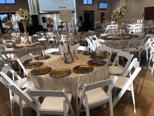 Tables, chairs, linen rentals. Call today.