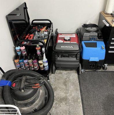 Generator, hot water extractor, tool cart