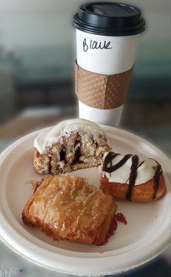 Donut, pastry, and cinnamon roll with great coffee