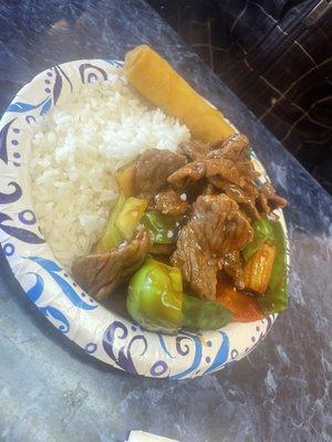 Beef and Veg on a paper plate