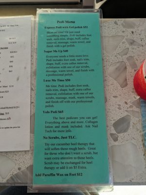 Menu of pedicure services with prices and explanation of what's included