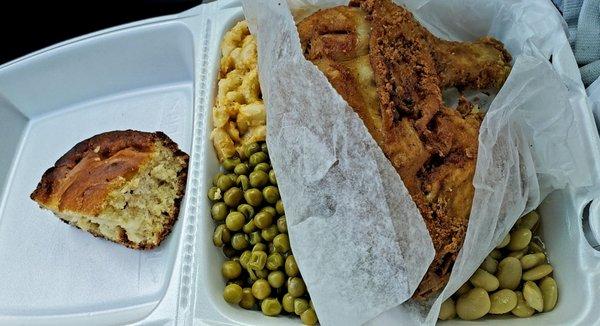 Dinner comes with 3 sides and a drink. Went with fried chicken, okra/lime bean mix, sweet peas, corn bread and sweet tea.