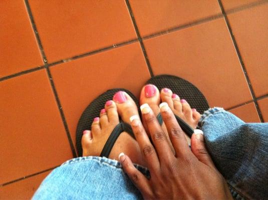 Solid full set and basic pedicure.  Fingers lasted 2 weeks, same as toes