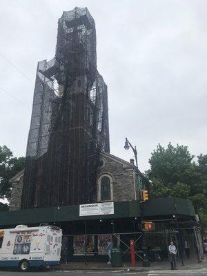 The steeple is under repair. May 2018