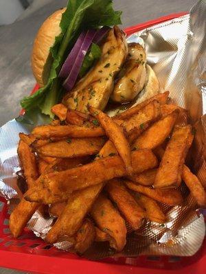 "Grilled Bourbon Chicken Sandwich" Our 8oz Grilled Chicken fillet based with our Honey Bourbon Glaze with Red Onions & Romaine Lettuce.