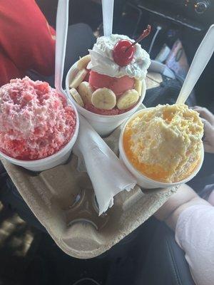 Strawberry banana delight, mango and tiger blood shaved ice with condensed milk and ice cream.