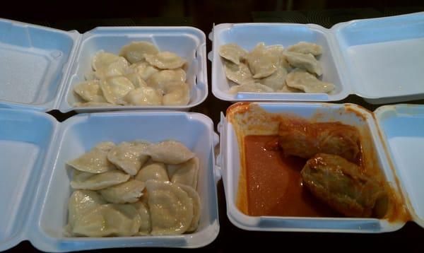 Potato, cheese, sauerkraut pierogies, and cabbage rolls.