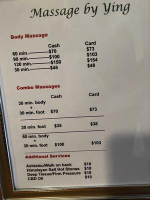 Massage Therapiest Ying Price list contact directly at. (520) 213-4280