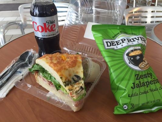 Ham and Havarti on Focaccia with chips and a bottled drink = $9.27.