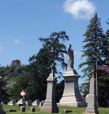 Statue of Mary - View of Sugar Loaf Bluff - Located in Saint Mary's Cemetery of Winona