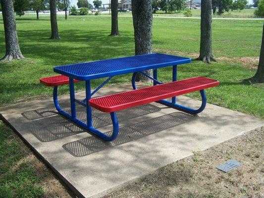 Picnic tables and park furniture.  Steel, powder coated, recycled plastic and wood options. Variety of styles and shapes.