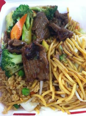 Combo A: chow mein, fried rice and broccoli beef