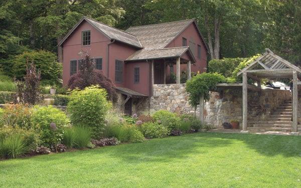 Redding, CT sunken garden with barn and trellis