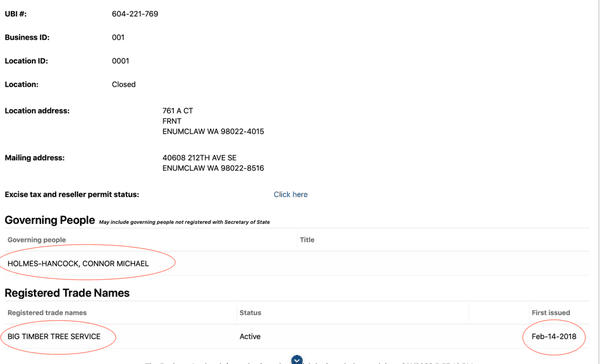 The business license under Connor Michael Hancock under Big Timber Tree Service. Issue date was 2018