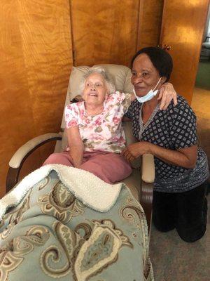 Our happy, long time client Marjorie N. with her caregiver, Mary!