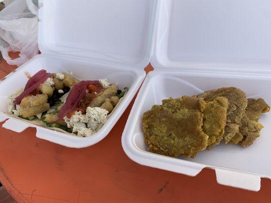 Vegan Options! Yucca Tacos (w/ tofu, black beans, salsa & pickled onion) $8 and a side of Tostones