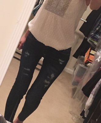 Super comfy, distressed denim with a little rose embroidered below the right back pocket (not sorry no booty photos!)   Purchased 7/2/17