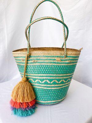 Allure Miami Aqua Handmade Straw Bag With Colored Tassels.