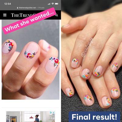 Client inspiration picture on the left, actual gel manicure with design on right