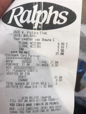 Ralph's receipt for helium . On top off the money I payed at party city