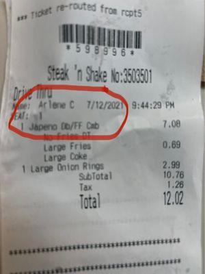 Receipt showing jalapeño burger