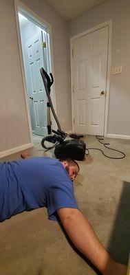 I cant help but laugh at the fact he is hugging the carpet for finally "feeling clean"