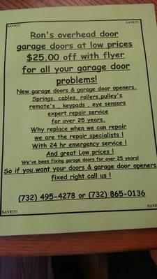 Rons overhead garage door ,(732)865-0136 garage door repairs & garage door openers