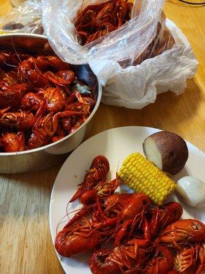 Crawfish, corn, potatoes.