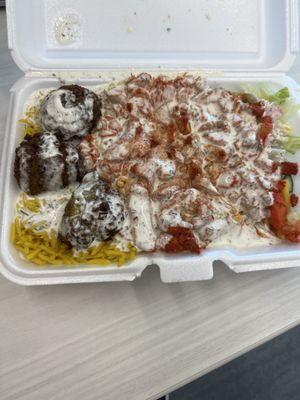 Falafel and chicken over rice