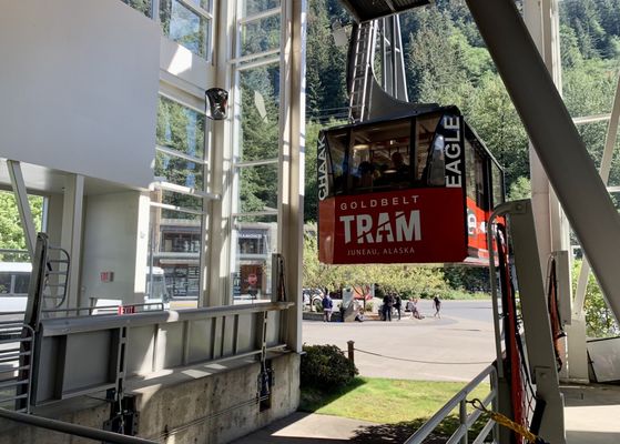 The tram coming to pick me up and take me to the top of Mount Roberts.