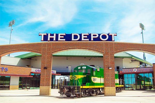 Display Locomotive by Western Train Co. at The Depot at Cleburne Station. Cleburne Railroaders Baseball Stadium.